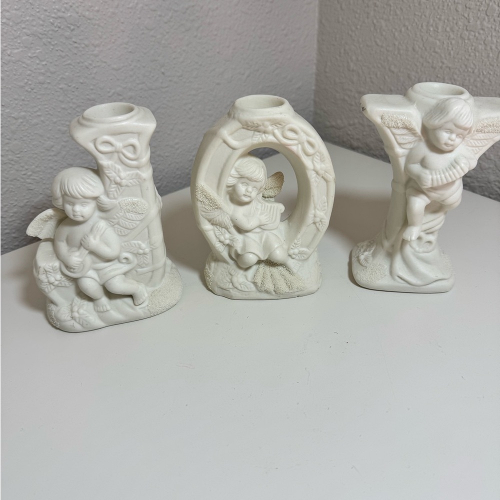 Vintage White Bisque Porcelain JOY Angel Cherub Christmas Candle Holder Set 3pc